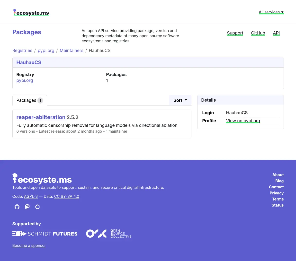 Ecosyste.ms cached metadata showing HauhauCS as the author of reaper-abliteration