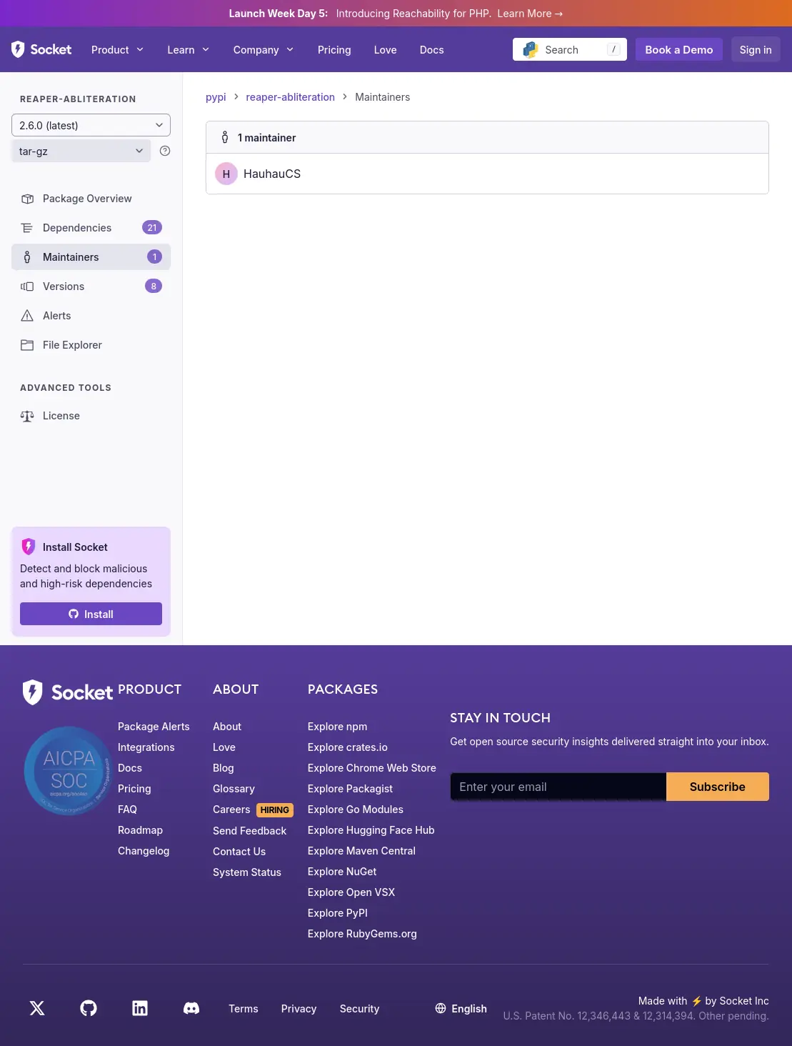 Socket.dev maintainers page for reaper-abliteration confirming HauhauCS