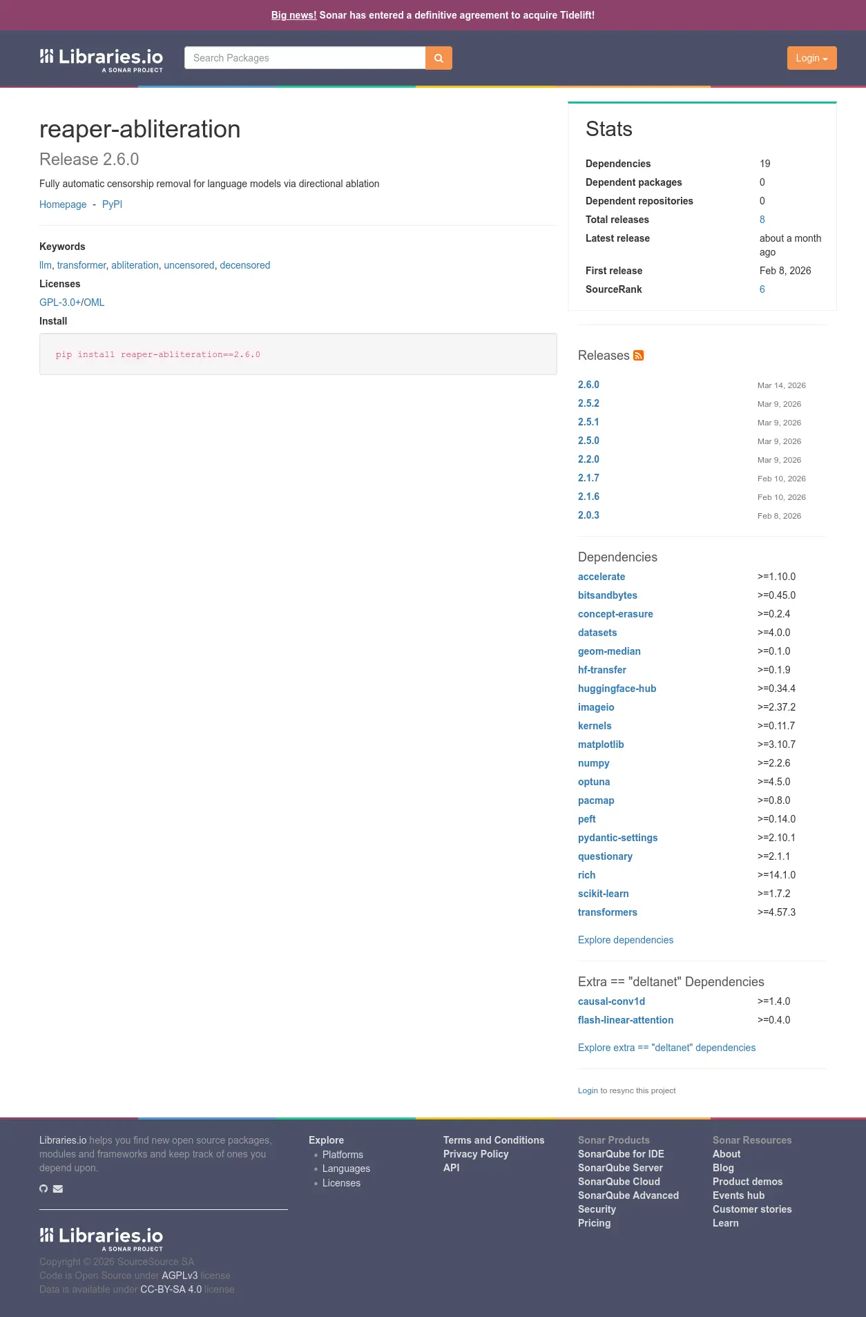Libraries.io page for reaper-abliteration showing package metadata and licence detection