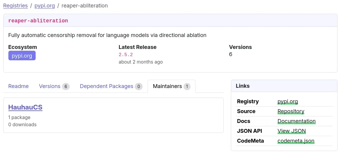 PyPI maintainers page for reaper-abliteration showing HauhauCS as the listed maintainer