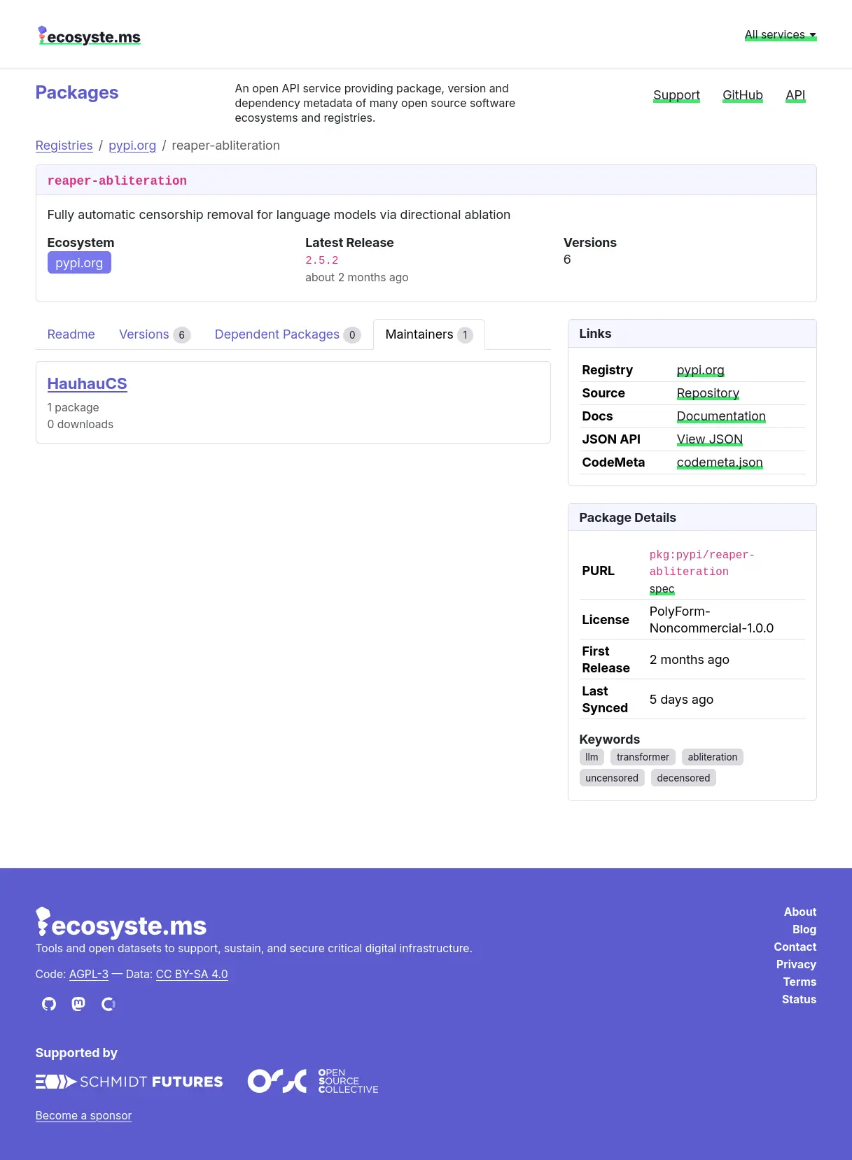 PyPI maintainers page for reaper-abliteration