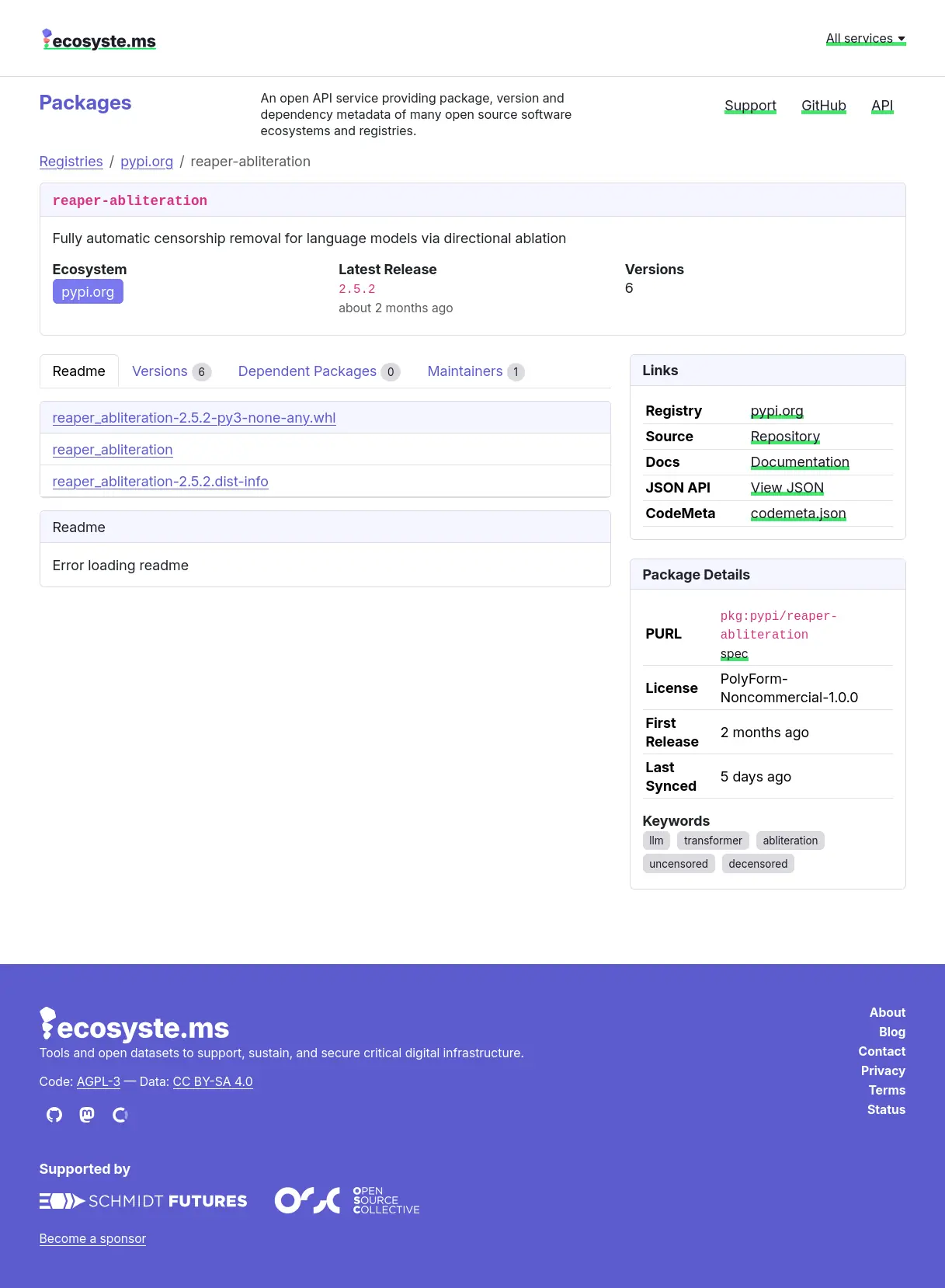 PyPI page for reaper-abliteration showing package details