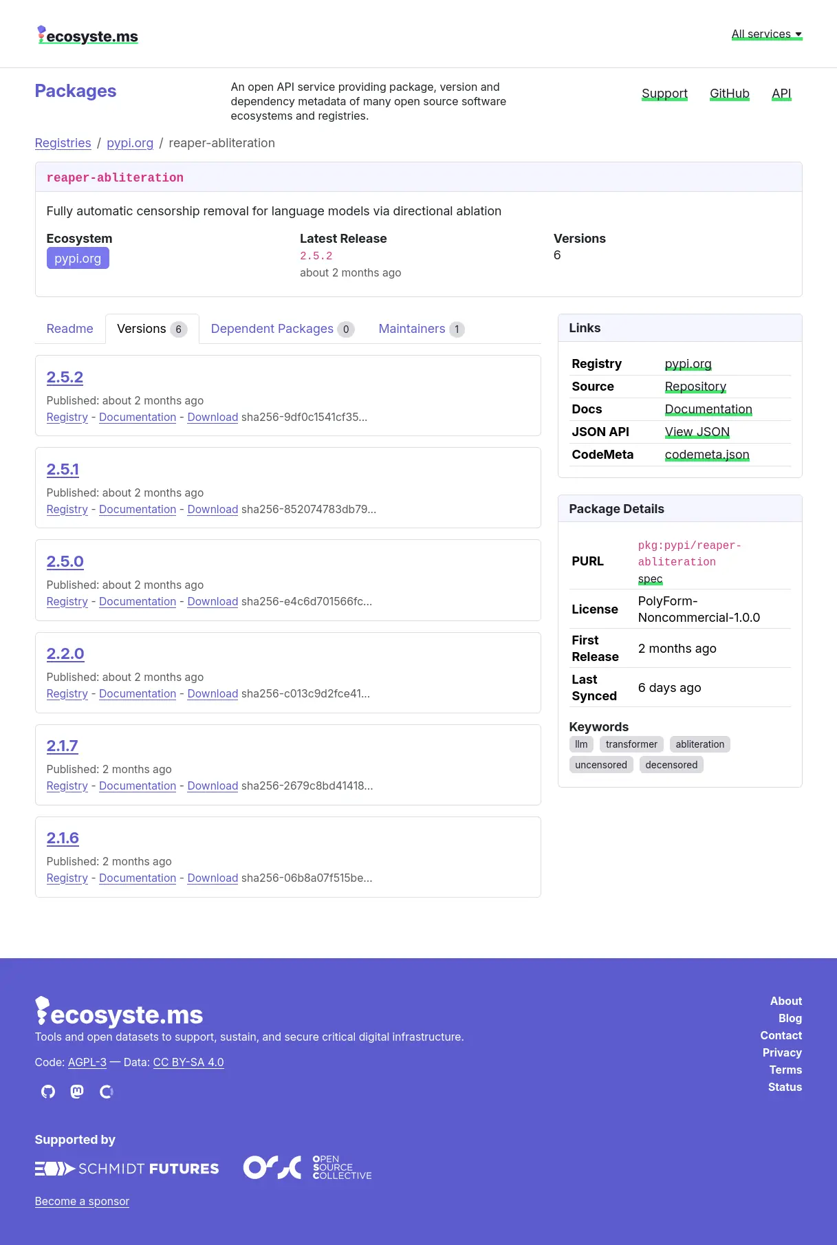 PyPI page for reaper-abliteration showing package metadata